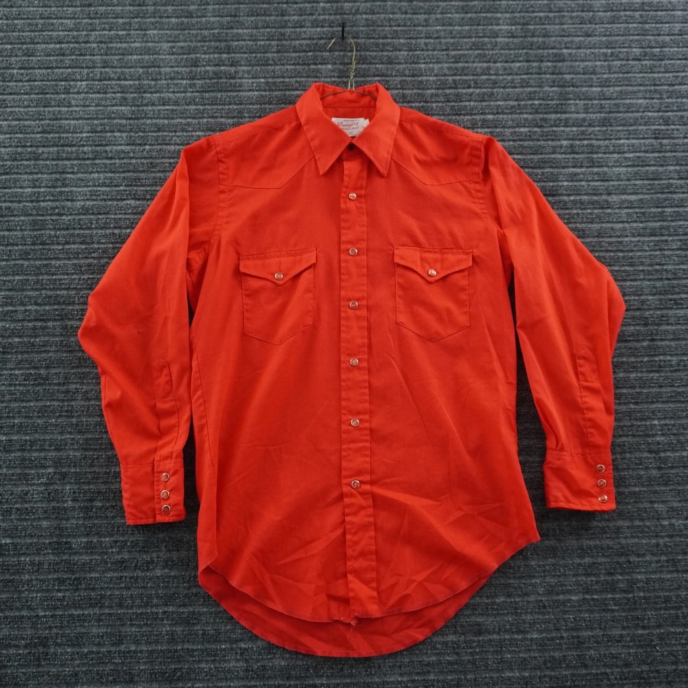 70s Wrangler Western Shirt 15.5-33 Red Pearl Snap Long Tail Made in USA Vintage